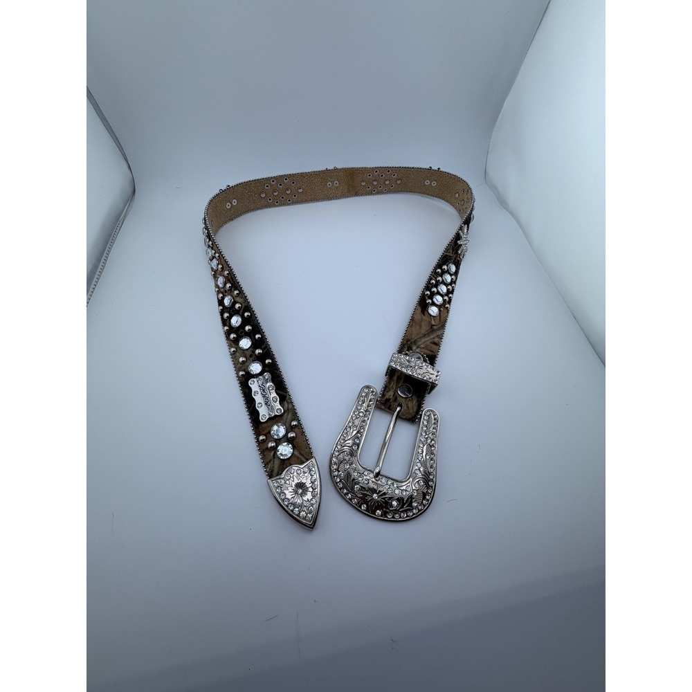 BHW Western Camo Hair on‎ Hide Rhinestone Studded Belt Silver Buckle Size M